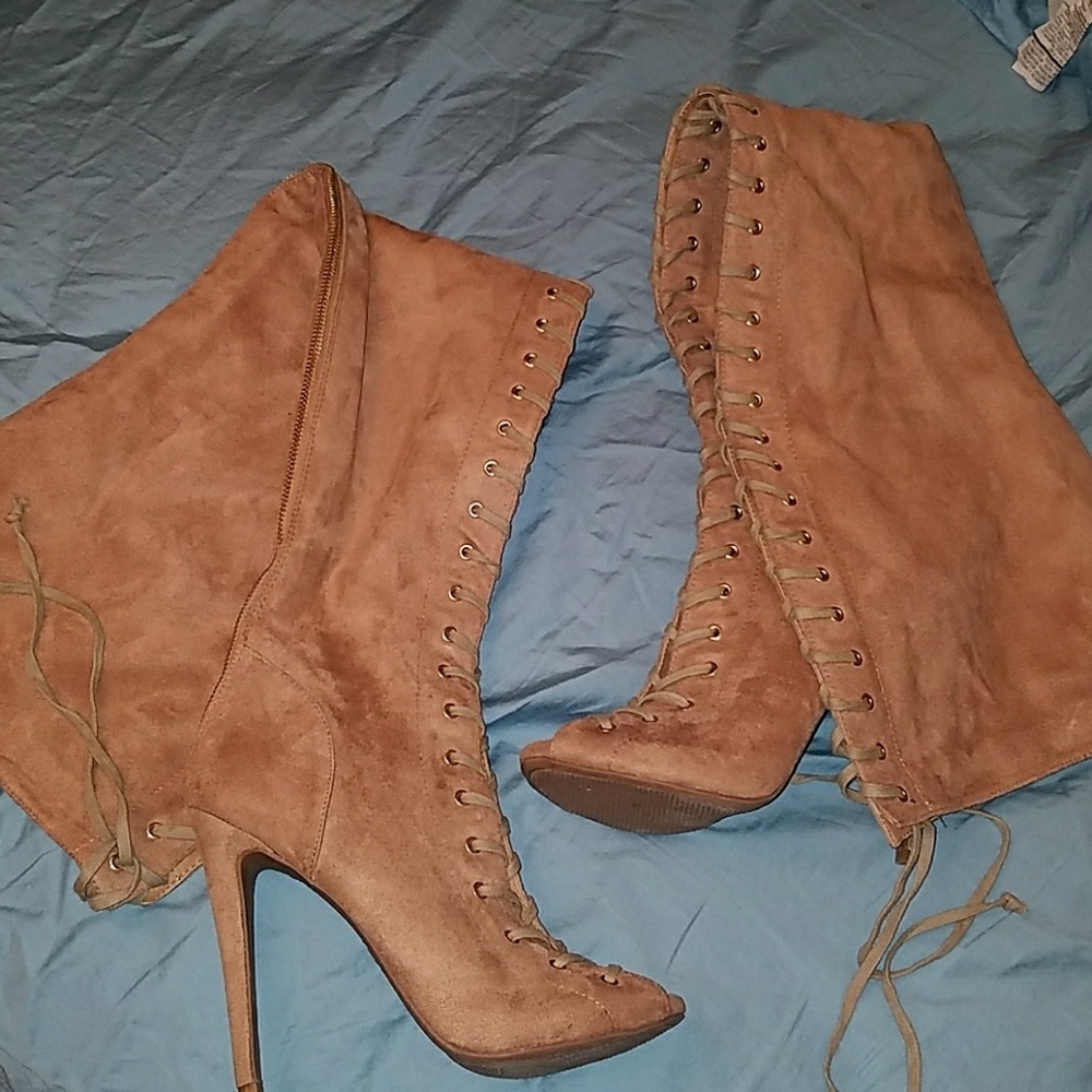 Thigh high lace up tan suede boots